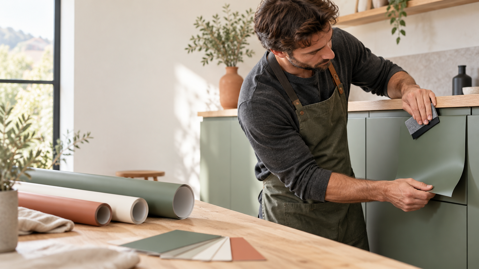 Application soignée d’un vinyle vert mat sur une porte de cuisine
